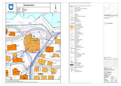Situasjonskart som viser eiendomsnummer, naboeiendommer, vegnett og bygningers plassering i forhold til hverandre.