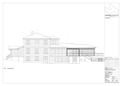 Fasadetegning (opprikk) av en bygning sett fra fronten.