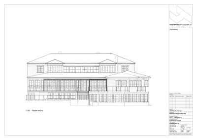 Fasadetegning (opprikk) av en bygning sett fra nord.