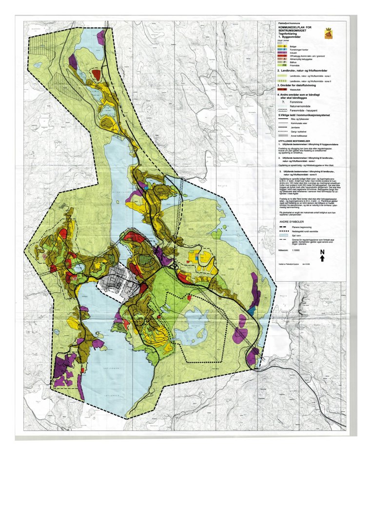 Kommunalt kart over reguleringsplan med fargekodet arealbruk og tekstbeskrivelser.