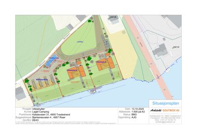 Situasjonsplan som viser tomtens grenser, plassering av nye utleiehytter i forhold til eksisterende bygninger og veier.