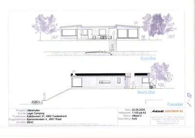 Fasadetegning som viser bygningens utsyn fra Syd-Øst og Nord-Øst, inkludert detaljer om fasadepanel, vinduer og terrassering.