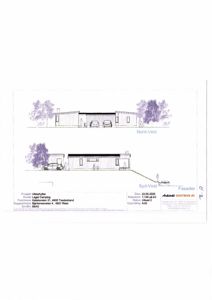 Fasadetegning som viser bygningens utseende fra Nord-Vest og Syd-Vest, inkludert bilplasseringer og trapp.