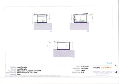 Snittegning som viser tverrsnitt gjennom tre ulike hytter (A, B og C) med mål og konstruksjonsdetaljer.