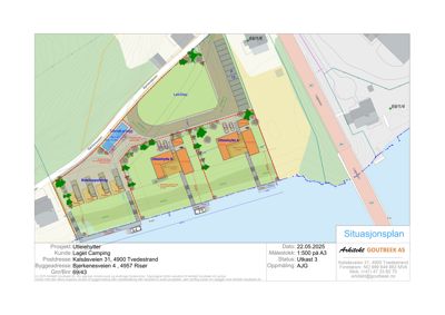 Situasjonsplan som viser tomtens beliggenhet, bygningers plassering (Utleiehytter A og B), parkeringsplasser, veier og vannkropp.