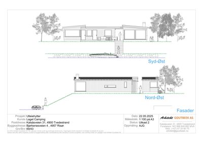 Fasadetegning som viser bygningens utseende fra to ulike vinkler (Syd-Øst og Nord-Øst) med oppriss av tak, fasade og grunnplan.