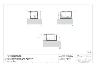 Snittegning som viser tverrsnitt gjennom en campinghytte med mål og detaljer.