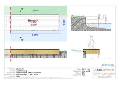 Detaljtegning av en brygge med dimensjoner, snitt og konstruksjonsdetaljer.