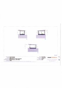 Snittegning som viser tverrsnitt gjennom tre ulike deler (A, B og C) av en struktur, med mål og konstruksjonsdetaljer.