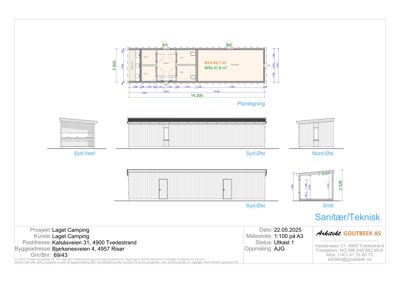 Bildet viser en tegning med etasjeplan (Plantegning) øverst, samt fasadeopprikk og snitt nedenfor.