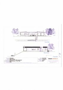 Fasadetegning som viser bygningens utsyn fra to ulike retninger (Syd-Øst og Nord-Øst) med omgivende vegetasjon.