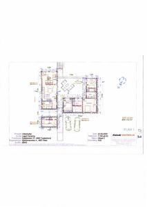 Etasjeplan (PLAN 1) som viser romfordeling, vegger, dører og møblering for en bolig.