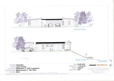 Fasadetegning som viser bygningens utseende fra Nord-Vest og Syd-Vest, inkludert bilplassering og terrengforhold.