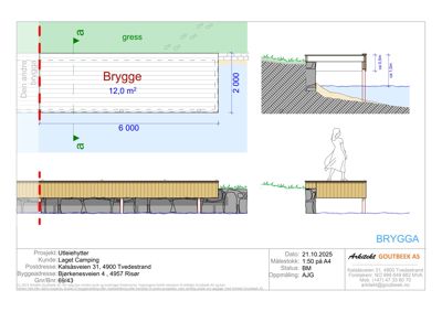 Detaljtegning av en brygge med oppriss, snitt og dimensjoner.