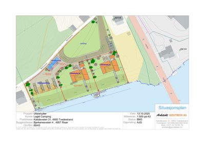 Situasjonsplan som viser tomtens beliggenhet, nabolag, veier og plassering av planlagte utleiehytter.