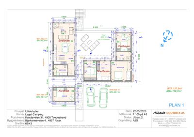 Etasjeplan (PLAN 1) som viser romfordeling, mål og areal for en utleiehytte.