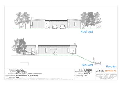 Fasadetegning som viser bygningens utseende fra to sider (Nord-Vest og Syd-Vest) med detaljer om takform, vinduer og terrengforhold.
