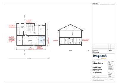 Bildet viser en tegning med to deler: til venstre en etasjeplan (1. etasje) med romfordeling og dimensjoner, og til høyre et snitt (Snitt A) som viser takkonstruksjon og vindusposisjon. Begge deler er merket med 'Underbygg' og 'Bruksendring'.