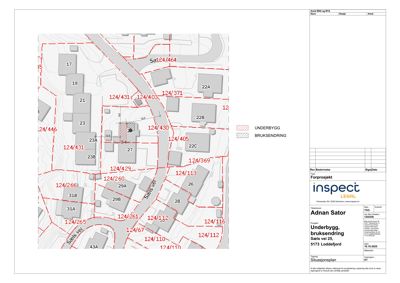 Situasjonsplan som viser tomtedeling, eiendomsnummer (f.eks. 124/464), bygningers plassering og arealforhold for en brukssendring i Sols vei 25.