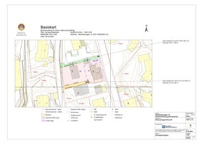 Situasjonsplan som viser tomtens beliggenhet, grenser, eksisterende og planlagt bebyggelse, samt arealdata for byggefeltene.