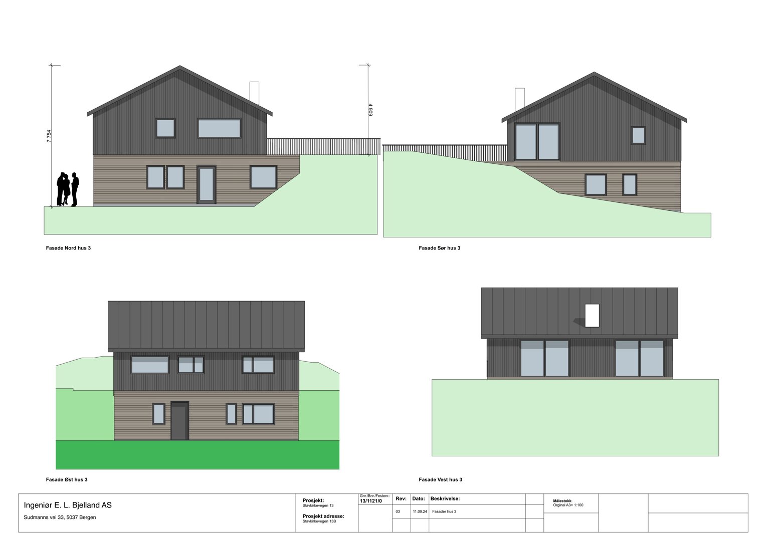Fasadetegning som viser utsiden av et hus fra fire ulike vinkler (Nord, Sør, Øst og Vest).