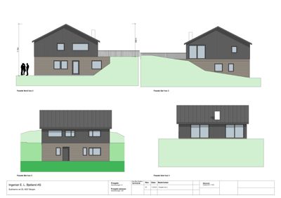 Fasadetegning som viser utsiden av et hus fra fire ulike vinkler (Nord, Sør, Øst og Vest).