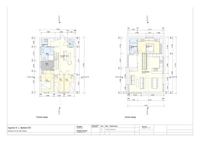 Plantegning som viser romfordeling og dimensjoner for første og andre etasje.