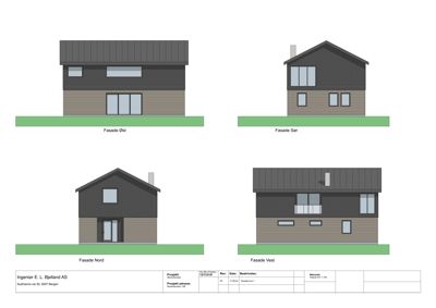 Fasadetegning som viser bygningens utsyn fra fire sider: Øst, Sør, Nord og Vest.