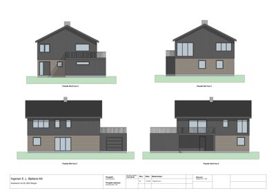 Fasadetegning som viser fire utsnitt av et hus (Nord, Sør, Øst, Vest) med arkitektoniske detaljer som vinduer, dører og fasadematerialer.