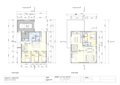 Plantegning som viser romfordeling og dimensjoner for første og andre etasje av en bolig.
