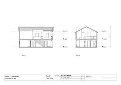 Snittegning (Snitt A og Snitt B) som viser tverrsnitt gjennom bygningen med høydemål og romfordeling.