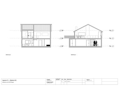 Snittegning som viser tverrsnitt gjennom to ulike hus (Hus 3), med romfordeling, høyder og konstruksjonsdetaljer.