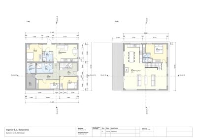 Etasjeplaner (1. og 2. etasje) med romfordeling, dimensjoner og snittlinjer.