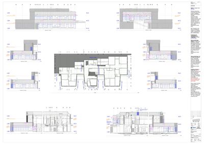 Etasjeplan med romfordeling og tilhørende snittegninger