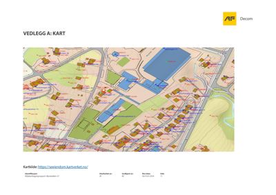 Et kart som viser eiendomsgrenser, vegnett og nabolag i området.
