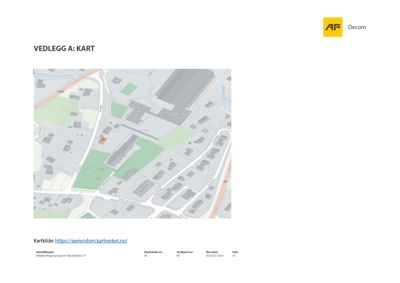 Et kart som viser eiendommen og nabolaget, med en markør for den spesifikke adressen.