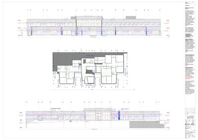 Bildet viser en snittegning av en bygning, som inkluderer etasjeplaner og fasadeoppriks. Det er tegnet med arkitektoniske symboler og mål.