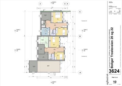 Etasjeplan (etasjeplan) som viser romfordeling, mål og snittreferanser for en bolig.