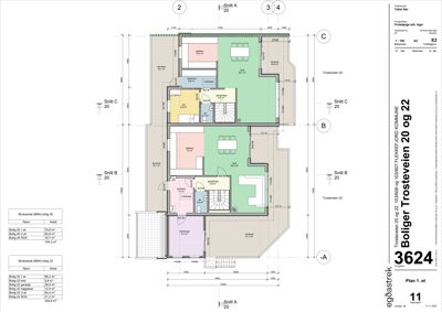 Etasjeplan (Plan 1. etg) for Boliger Trosteveien 20 og 22, som viser romfordeling, arealer og snittreferanser.