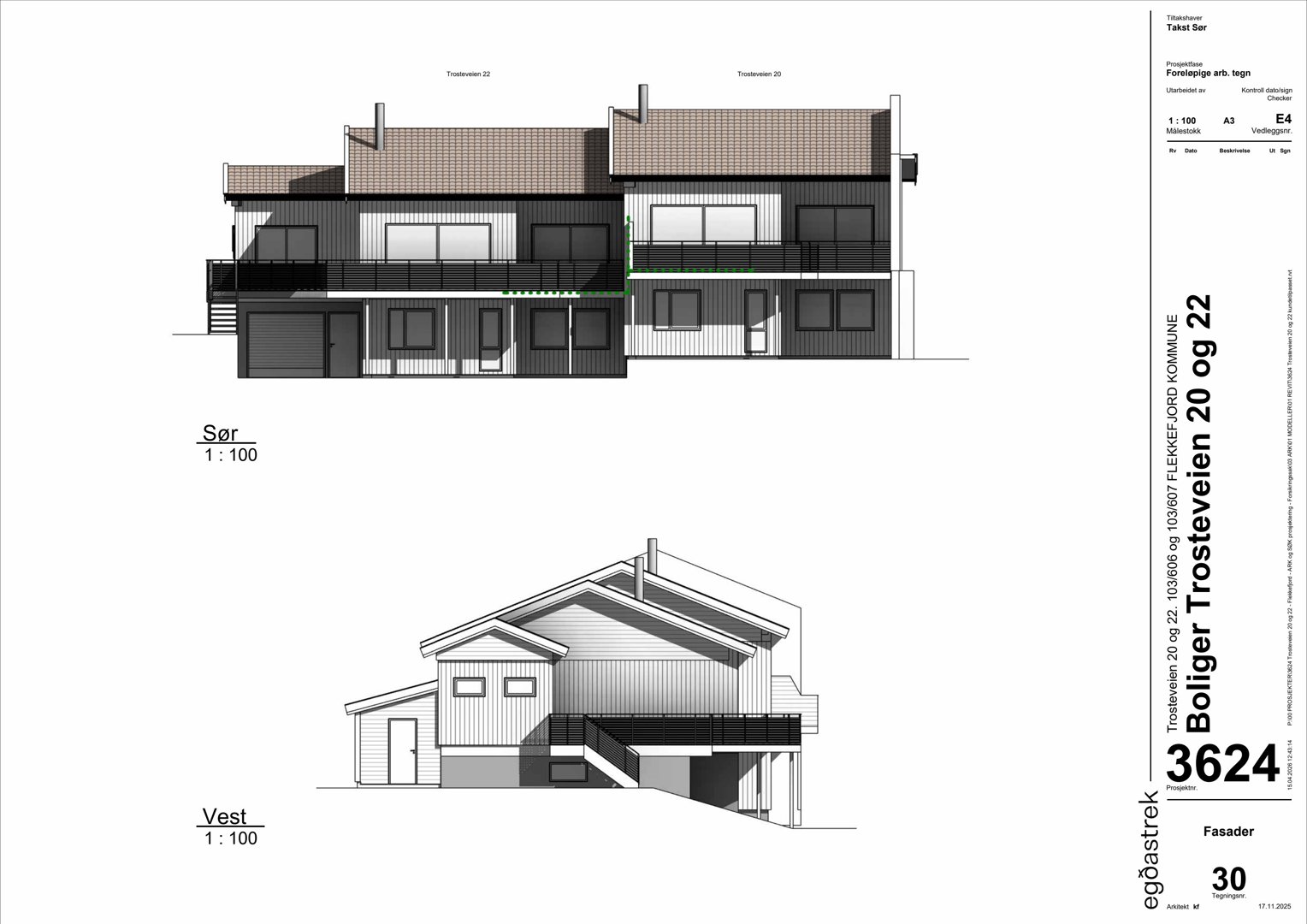Fasadetegning som viser bygningens utseende fra sør og vest, inkludert takform, vinduer og materialer.