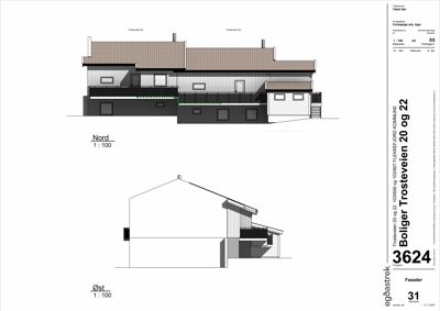 Fasadetegning som viser bygningens utseende sett fra nord og øst, inkludert takform, vinduer og fasadematerialer.