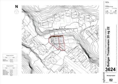 Situasjonsplan som viser tomtens beliggenhet, topografi (konturlinjer), naboeiendommer og bygningers plassering med arealoppgivelser.