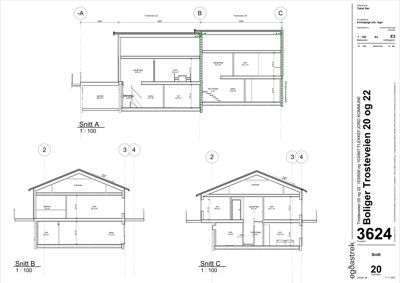 Tegning som viser tverrsnitt gjennom bolighusene (Snitt A, B og C) med romfordeling, høyder og konstruksjon.