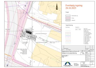Situasjonsplan som viser bygningens plassering i forhold til nabolag, veier og eksisterende infrastruktur.