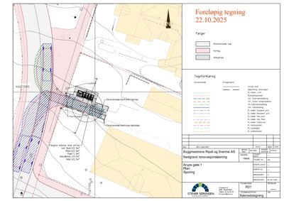 Situasjonsplan som viser bygningens plassering i forhold til nabolaget, eksisterende veg, og planlagte forandringer.