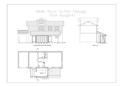 Tegning som viser fasade, snitt og etasjeplan for en tilbygg til en hytte.