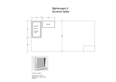 Teknisk detaljtegning som viser spesifikasjoner for et vindu (2-veis topp + innmål L) med mål og konstruksjonsdetaljer.