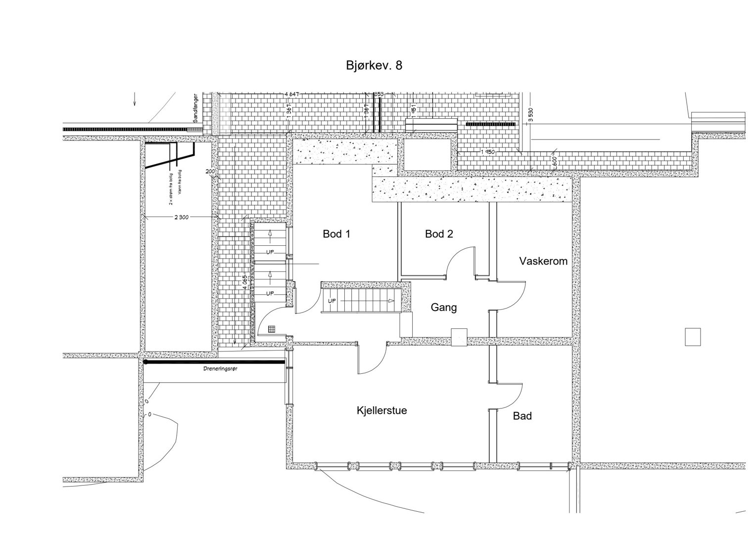 Etasjeplan eller plantegning som viser romfordeling (Bod 1, Bod 2, Vaskerom, Gang, Kjellerstue, Bad) og trappeløsninger.