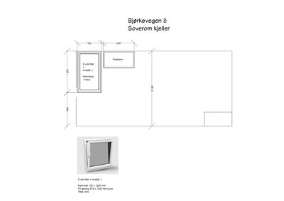 Teknisk detaljtegning av et vindu (2-veis topp + innmål L) med mål og spesifikasjoner for et soverom i kjeller.