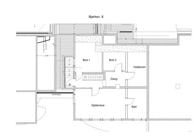Etasjeplan eller plantegning som viser romfordeling (Bod 1, Bod 2, Vaskerom, Gang, Kjellerstue, Bad) og trappeløsninger.